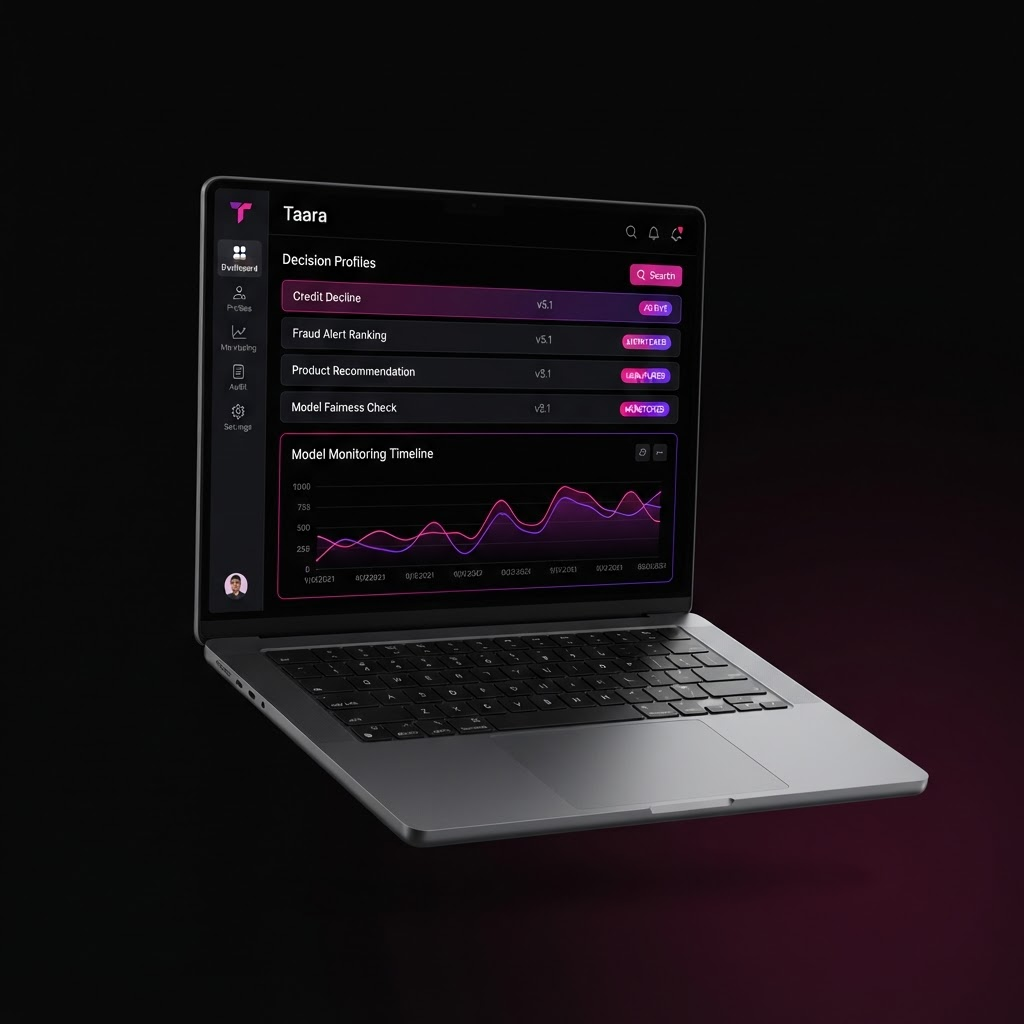Taara dashboard shown on a laptop, listing decision profiles and a model monitoring timeline